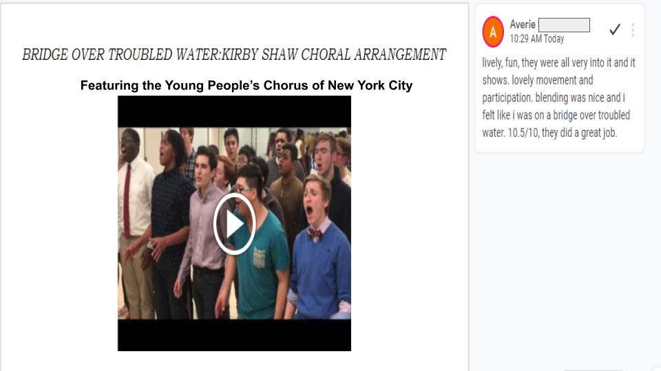 MHCHSChorus's tweet photo. Students are doing an excellent job analyzing and critiquing five different performances of our current piece Bridge Over Troubled Water, noting their unique similarities and differences. @masseyhillclass #VocalMusicVirtualLearning #MasseyHillStrong https://t.co/PwOdq6raxP