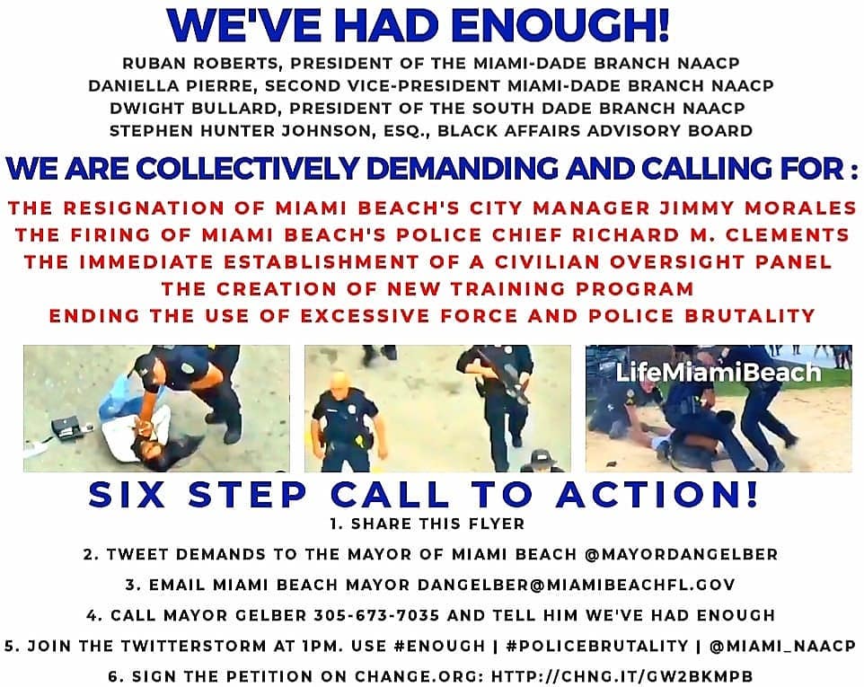 After this,  @miami_naacp demanded the resignation of  @CityManagerMB Jimmy Morales and  @MiamiBeachPD Chief  @RClementsMBPD. Nothing happened.  https://www.miamiherald.com/news/local/community/miami-dade/miami-beach/article241225286.html
