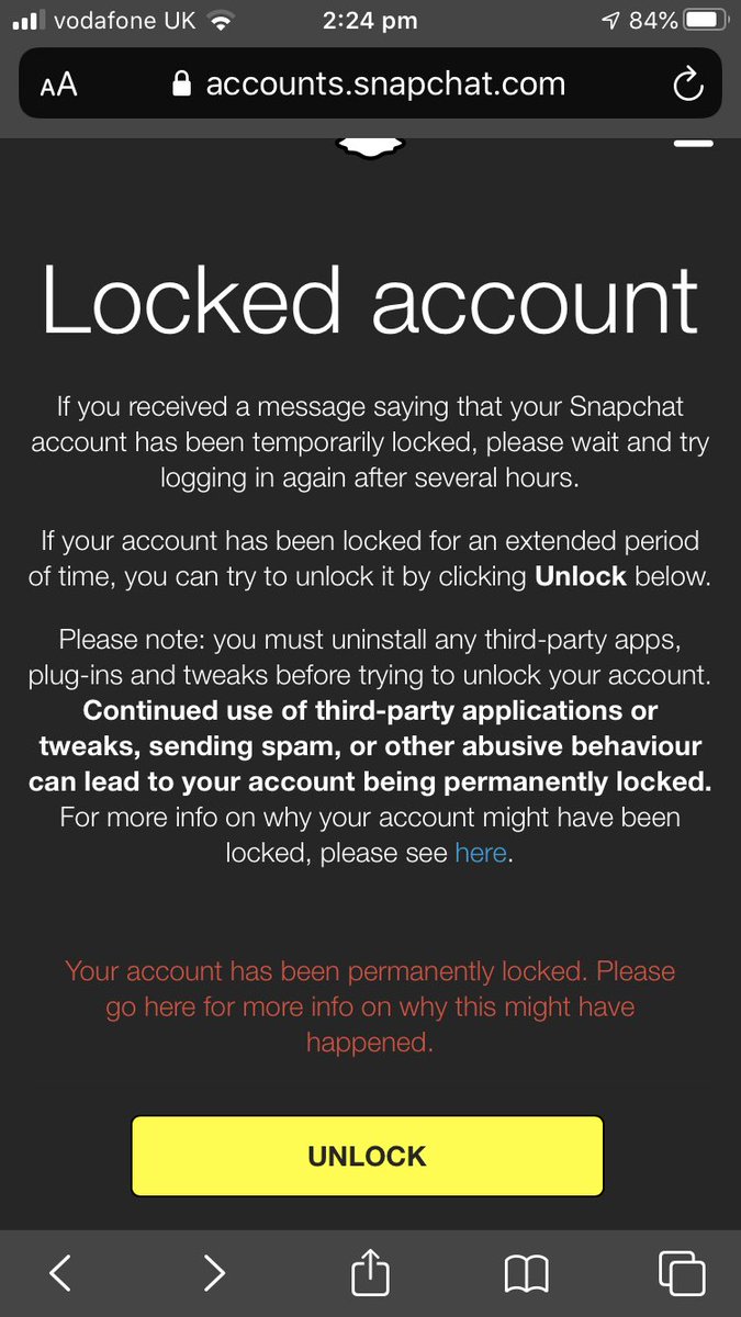 burn_amber's tweet photo. Love that @Snapchat permanently locked my personal account I’ve had for over 2 yrs today out of now where, making me loosing all pics or vids on that account. Then I’ve tried making a new account and as soon as I’ve left the app the account has been locked. This happening twice. https://t.co/w9Yq9pP5pz