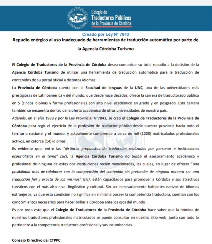 Lorena Baudo (@lbaudo) on Twitter photo Repudio del <a href="/ColtradCBA/">Colegio de Traductores Púb. de la Pcia. de Córdoba</a> ante el accionar de <a href="/turismocba/">Córdoba Turismo</a> por utilizar traducción automática que desvirtuó el sentido de nuestro espacio y de nuestra cultura. Córdoba tiene tanto para ofrecer... Empecemos por confiar en profesionales para proyectar la provincia al mundo. #xl8 #MT Repudio del <a href="/ColtradCBA/">Colegio de Traductores Púb. de la Pcia. de Córdoba</a> ante el accionar de <a href="/turismocba/">Córdoba Turismo</a> por utilizar traducción automática que desvirtuó el sentido de nuestro espacio y de nuestra cultura. Córdoba tiene tanto para ofrecer... Empecemos por confiar en profesionales para proyectar la provincia al mundo. #xl8 #MT