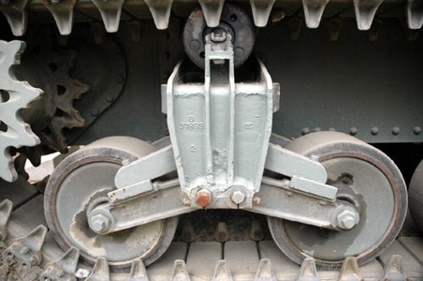 The early Sherman tanks had 16”-wide tracks and a Vertical Volute Spring Suspension system that generally looks like this (from M3 and M4 tanks):