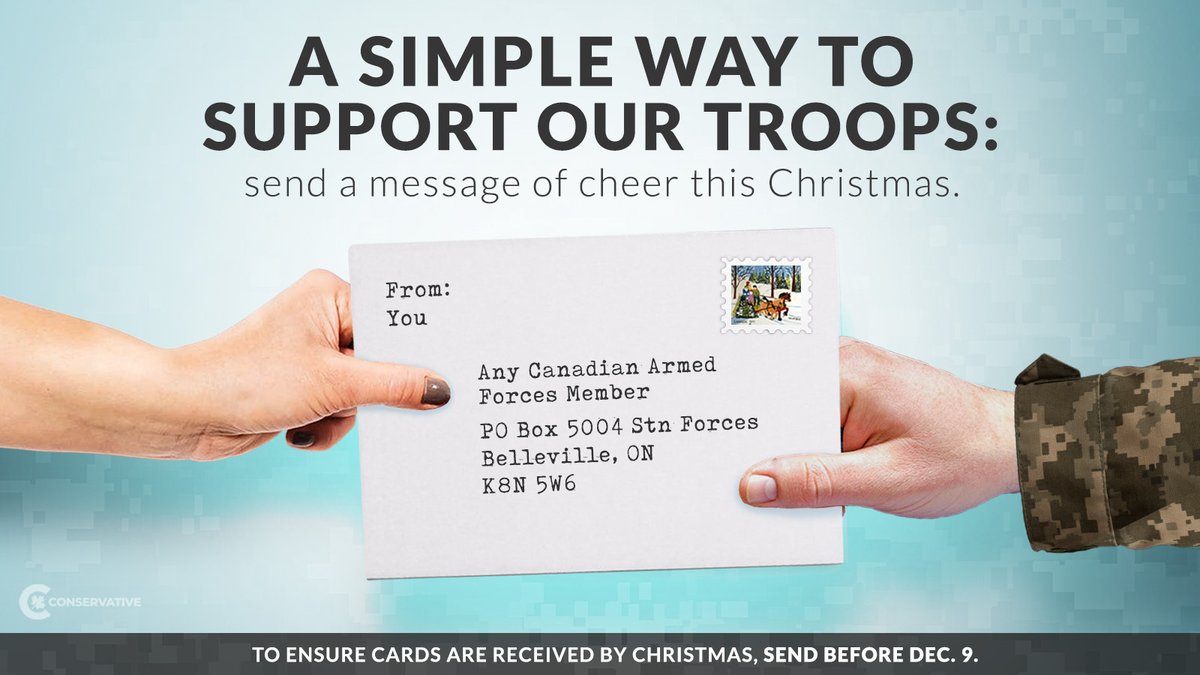Our Canadian troops are still being deployed abroad, many won’t be home for Christmas with their families. 

One small thing you can do is write a Christmas card and send it to this address. 

These cards offer members a beacon of light from home during a difficult time.