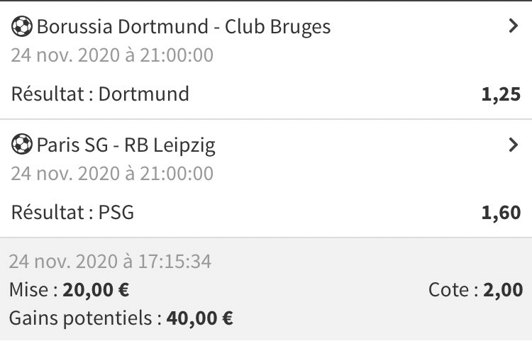 Pronosculs's tweet photo. Salut à tous ! 🤙🏼
 
Montante #UCL   20€ -> 100€ 

🍑Étape 1 :

⚽️Dortmund 
⚽️PSG 

20€ -> 40€

#TeamParieur #Montante #winamax https://t.co/QodWJk6NKq