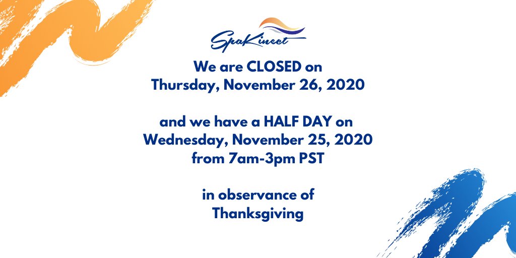 spakinect's tweet photo. Reminder! We are closed on Thanksgiving Day.
We also have a half-day on November  25th. Happy holidays! https://t.co/ZrLShKiLvS