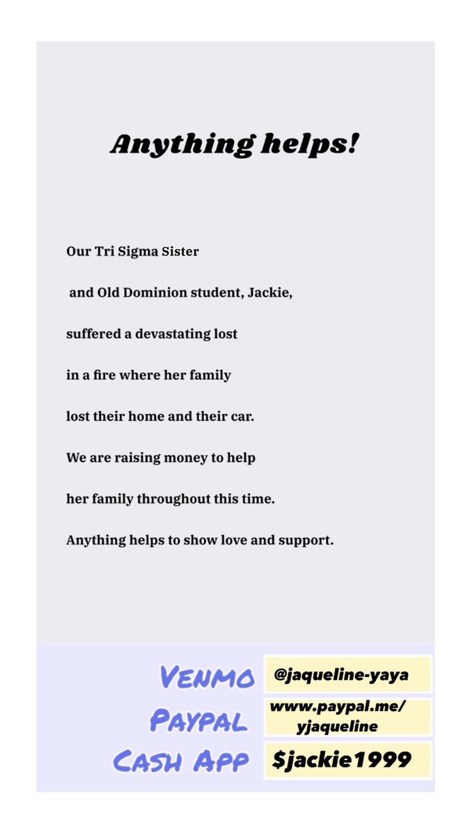 TriSigmaODU's tweet image. Good morning guys , 
Yesterday a Tri Sigma sister Jackie and her family suffered A terrible tragedy with a fire taking their home and ALL of their personal belongings. Anything helps in this time of need 💜