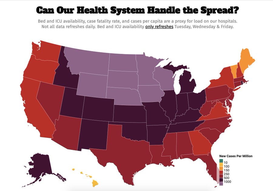 I noted last week that the lavender color on this map is new. It signifies more than 1,000 new cases per million.The Covid Exit Strategy folks had to add a new color/category to reflect the degree of severity.Last Monday vs today: