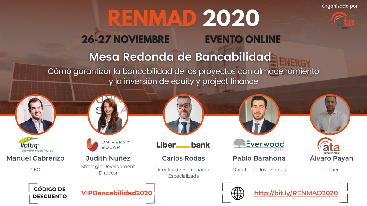 AtaInsights's tweet photo. Terminaremos el primer día de #RENMAD2020 hablando de #fabricantes con dos fantásticas presentaciones y un panel de expertos discutirá la #bancabilidad proyectos en una mesa redonda.
No te pierdas esta oportunidad y compra tu pase ➡ https://t.co/rH3jB3n3T8 https://t.co/xlR9hqM6Tl