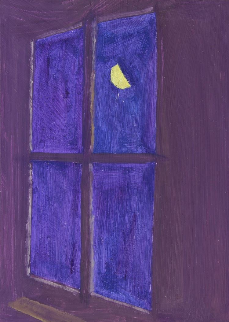Lois Dodd, "Purple Window + Moon", 2016, Oil on aluminum flashing, 7" x 5"