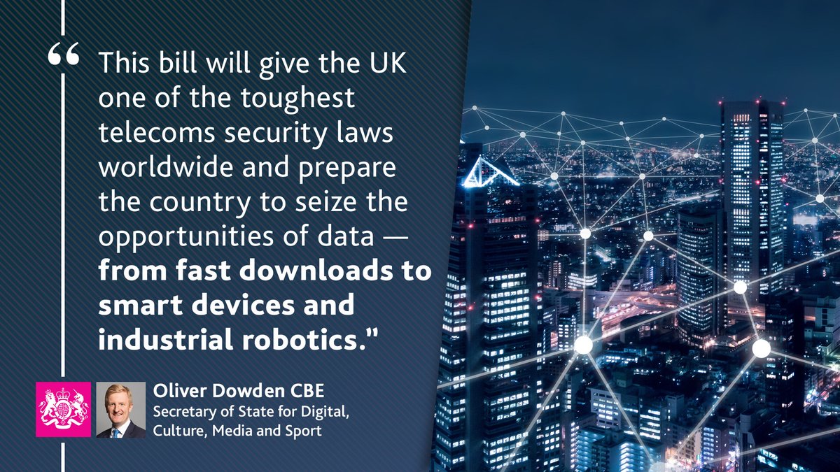 DCMS's tweet photo. We're helping to keep you safe online with our new #TelecomsSecurityBill.
The law will prevent cyber attacks by strengthening the security of internet and phone networks, fining those who breach the rules.
Read more: https://t.co/l2EfNeQUNL https://t.co/4VDtyBUlb7