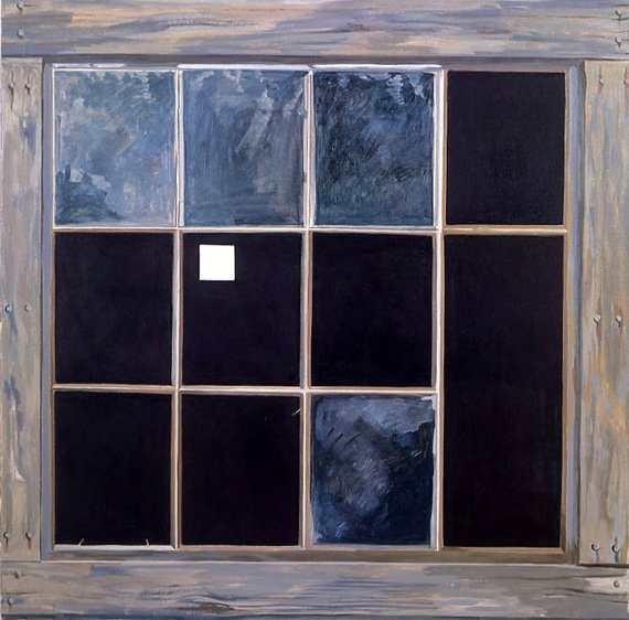 Lois Dodd, Barn Window with White Square, 1991. Oil on linen 38 x 38 inches