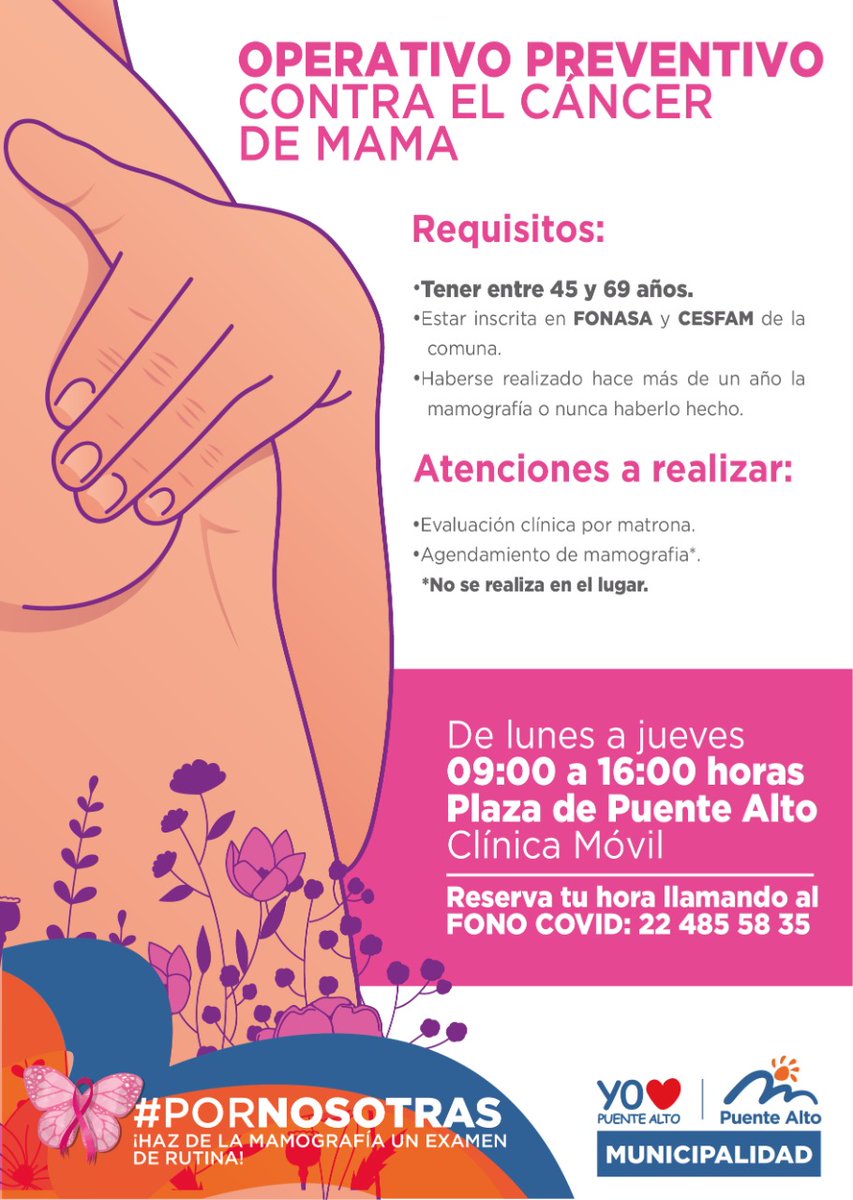 🔴 Atención!!
Cuéntale a tu madre, abuela, vecina, hermana o pareja de entre 45 y 69 años que estaremos hasta diciembre realizando un operativo preventivo contra el cáncer de mama. Agenda tu hora al ☎ 22 485 5835.

📆 Lunes a jueves
📍 Plaza de Puente Alto
⏰ 09:00 a 15:00 hrs.