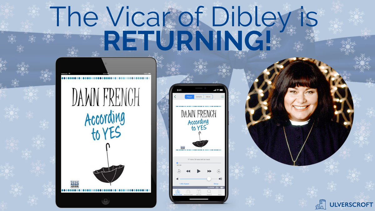 UlverscroftLtd's tweet photo. THE #VICAROFDIBLEY IS RETURNING FOR CHRISTMAS! π₯³π
We're so excited for this! And you can buy According to Yes by @Dawn_French in #audio for your library to celebrate!
Visit https://t.co/5izzqPx26L or contact your local sales rep to buy πΏ
#accordingtoyes #christmastv https://t.co/9MkznHFpEc