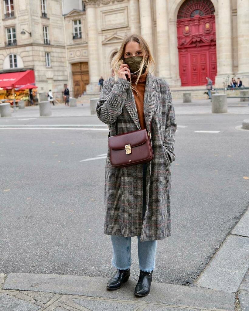 theFrench.com on X: Didn't catch this girl's name as she was on the phone  but I loved her burgundy crossbody A.P.C. Grace bag, burnt orange  turtleneck, plaid coat, light wash jeans, and