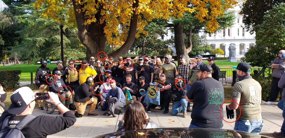 Gloves with hardened knuckles are illegal in California under PEN 21710, but police have allowed Proud Boys to wear them without consequence. Proud Boys in photos 1 and 4 used these gloves in the beatings that occurred in Cesar Chavez park 11/21.