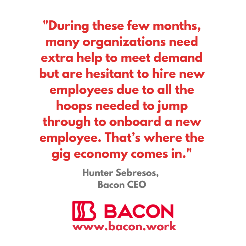 BaconWork's tweet image. "The upcoming holidays are one prime example of how retail, shipping, packaging, and other organizations can utilize gig work." - @BaconWork CEO Hunter Sebresos 

#gigeconomy #siliconslopes #utahjobs #boisejobs #dallasjobs