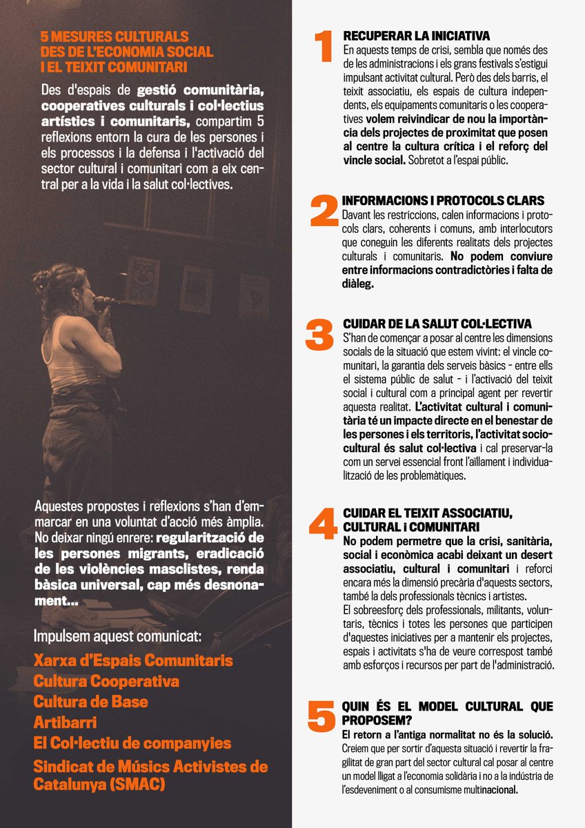 Mantenim el compromís en la cura de les persones i l'activació del sector cultural comunitari com a eix central de la vida i la salut col·lectives. Un nou model cultural és possible! ✊