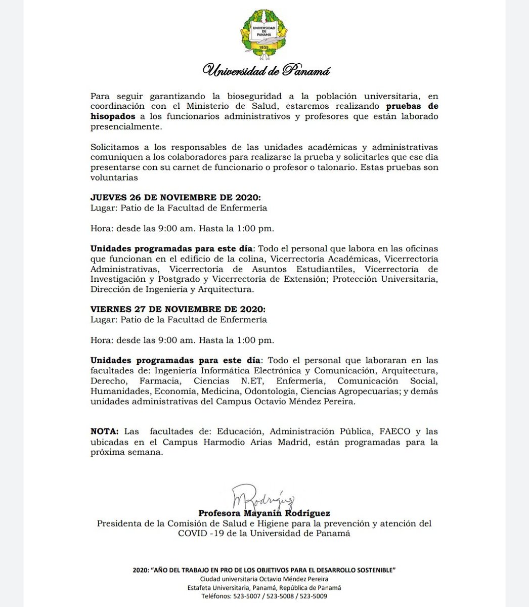 eflorescastro's tweet photo. La Comisión de Bioseguridad de la Universidad de Panamá, que preside la profesora Mayanín Rodríguez, ha coordinando con el Ministerio de Salud, varias jornadas de hisopados para la Universidad de Panamá. https://t.co/REd2gelAh6