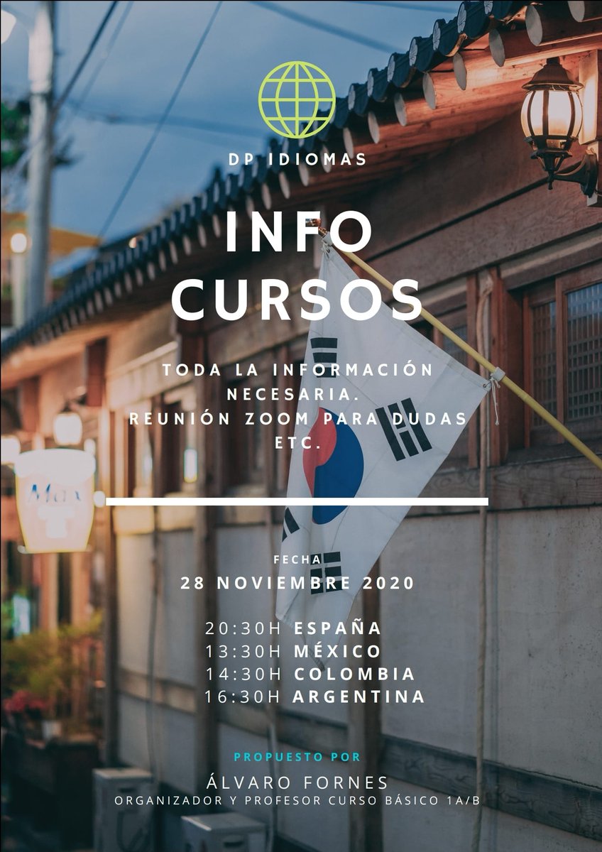 DpIdiomas's tweet photo. Este Sábado 28 de noviembre. Charla ZOOM acerca de toda la información sobre los cursos!

La reunión durará entre 20 y 30 minutos.
El link para acceder a la reunión lo tendreis en el perfil de @coreanodp 

#coreanodp
#dpidiomas #coreano #aprendercoreano #cursocoreano #cursoonline https://t.co/EL7rirYOk3