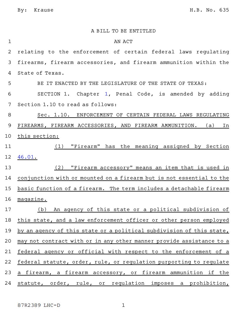 DanielJFriend's tweet photo. NEW: @RepMattKrause files #HB635 that would pull state funding from local jurisdictions that enforce federal gun laws that impose a "prohibition, restriction, or other restriction [. . .] that does not exist under the laws of this state." #txlege

Bill: https://t.co/23wT31V8Iq https://t.co/n9NKiMsvbz