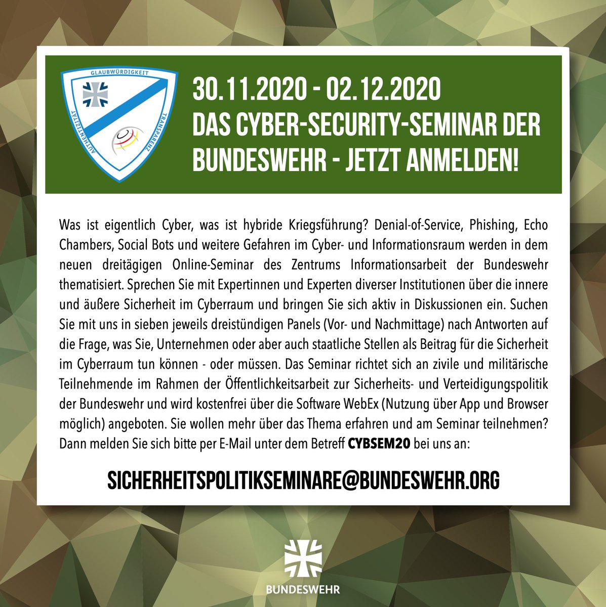 Interesse?
Dann schnell noch anmelden und weitere Informationen erhalten! Wir freuen uns auf fünf spannende Sessions inklusive Fachdiskussionen 🤓

Und psst: 
Teilnahme ist natürlich kostenlos 😏

#CYBSEM20