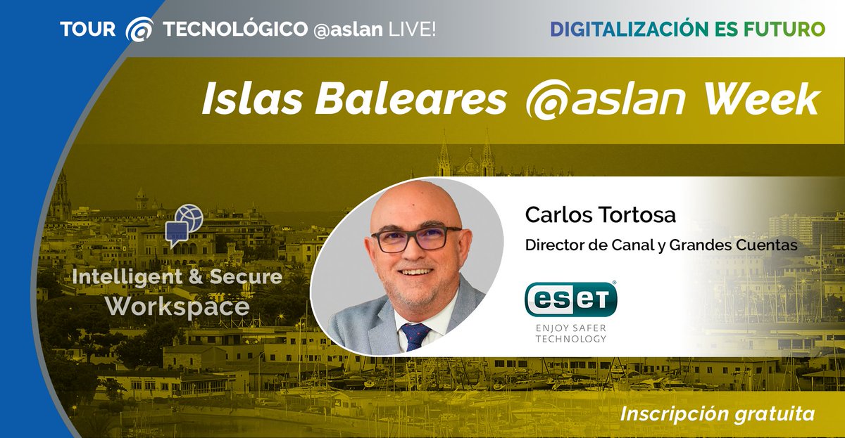 ESET_ES's tweet photo. Mañana, 25 de noviembre, nuestro compañero Carlos Tortosa estará en el cierre del #TourASLANLive en las Baleares ASLAN Week, hablando de los retos a los que se enfrenta actualmente el teletrabajo.
Inscríbete de forma gratuita en:
➡️ https://t.co/WkKRyqg0DT https://t.co/MzDOpqPZTa