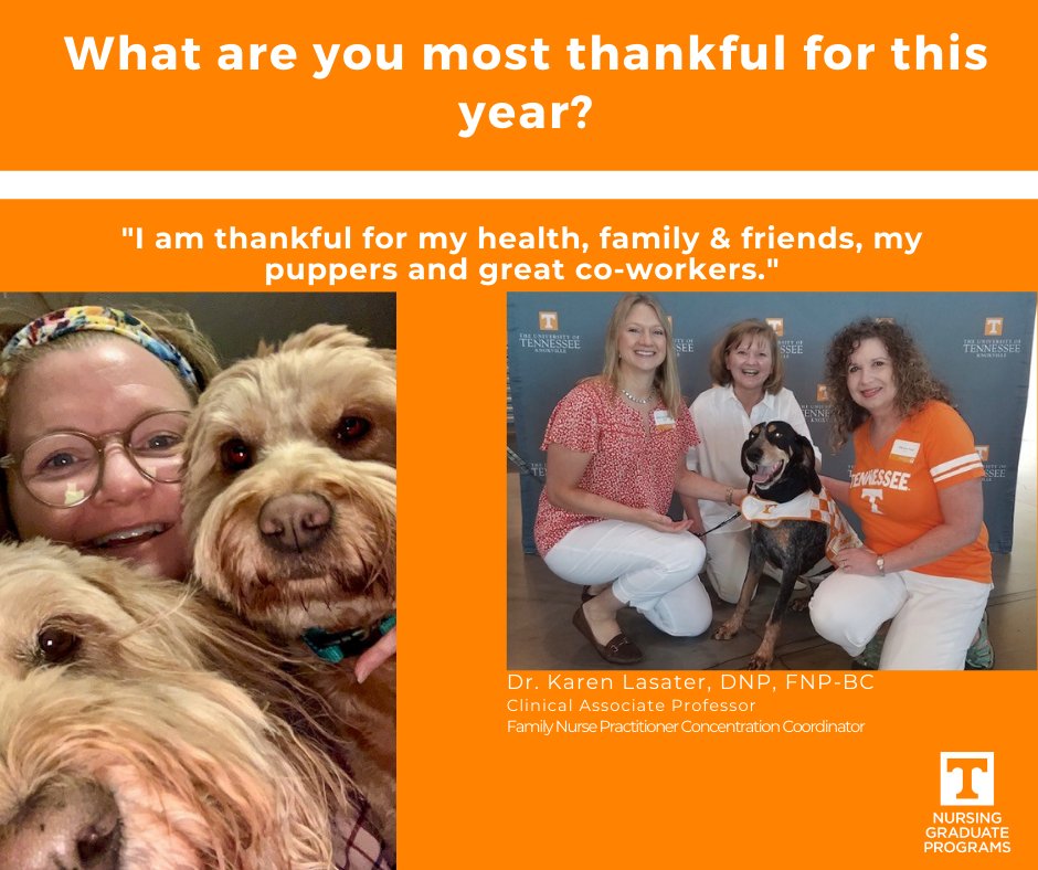 Dr. Lasater shares what she is thankful for this year! For more information about our faculty, please log onto nursing.utk.edu. To learn how to become a part of the VOLNurse Family, please reach out to us at congrad@utk.edu. #volnurse, #utkDNPNurse, #utkPhDNurse