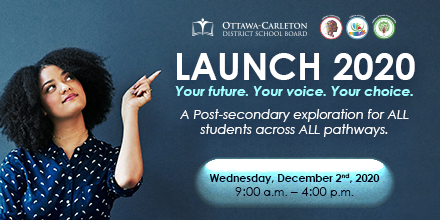 OCDSB's tweet photo. Weโre inviting #OCDSB students in grades 11 and 12 to attend our online post-secondary event on Dec 2nd. This is a chance for students to discover what opportunities are available, and to hear from current students, apprentices and employers. Learn more: https://t.co/k3c4g4KYMj https://t.co/vofwCQ1ZoT