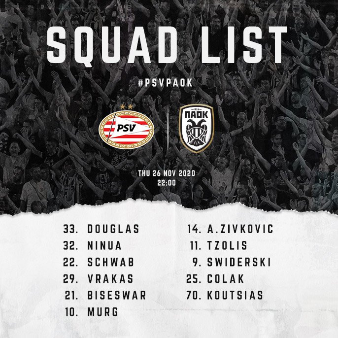 PAOK_FC's tweet photo. 📋#SquadList Our squad for the game against @PSV | @EuropaLeague Group Stage - Matchday 4
#PSVPAOK #squad
📝#TrainingNews - https://t.co/cOeZJ1nvzc
#training #news https://t.co/Jdu99bcFA4