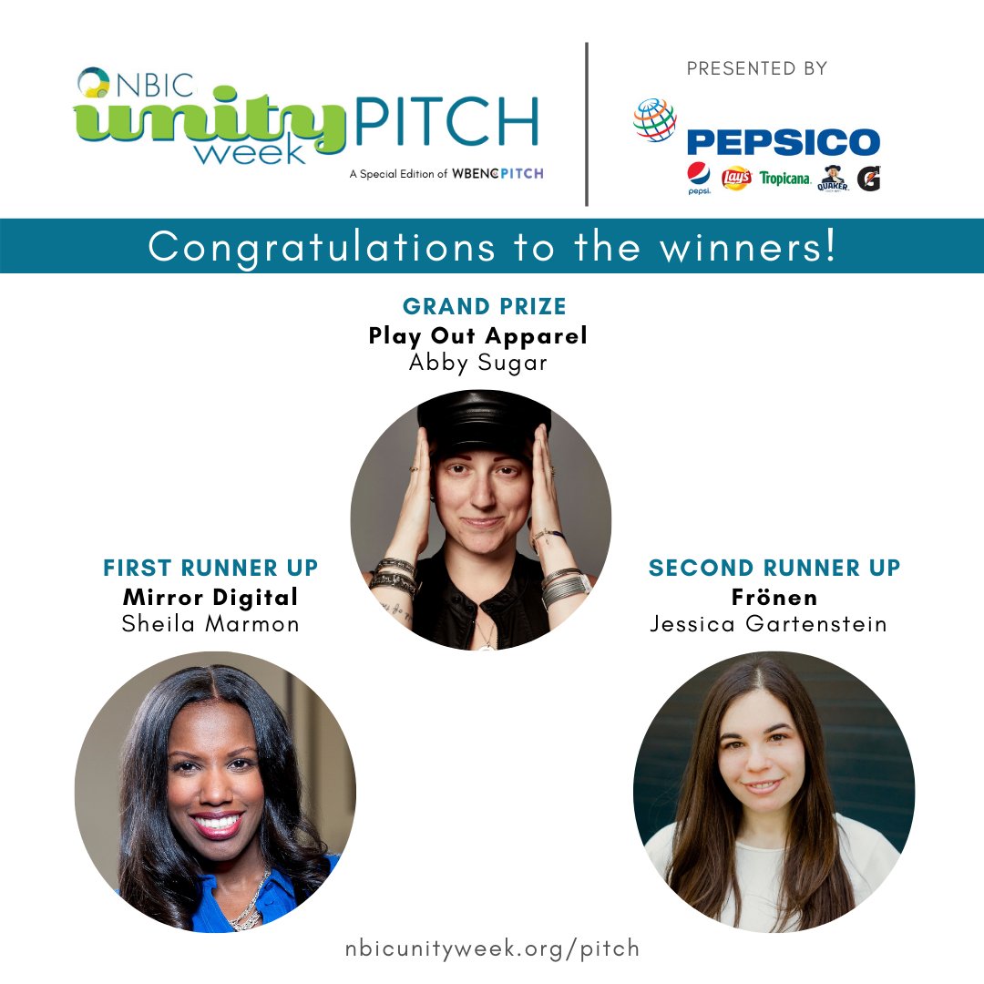WBENCLive's tweet photo. Congratulations to the winners of Unity Week Pitch, brought to you by @PepsiCo!
Grand prize winner Abby Sugar of Play Out Apparel won a $20k grant; runners up Sheila Marmon & Jessica Gartenstein each won $5k.
Re-watch the finals here: https://t.co/RXMKmPOl4o
#NBICUnityWeek https://t.co/eXaVokgsgu