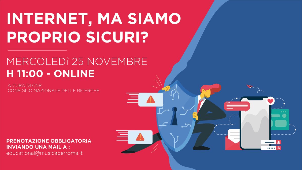 LudotecaIt's tweet image. Come garantire ai ragazzi una #navigazione #sicura e #consapevole? Ne parleranno Anna Vaccarelli, Domenico Laforenza e Silvia Mattoni domani, 25 novembre alle 11, nella diretta a cura di @CNRsocial_  “Internet, ma siamo proprio sicuri?” Per prenotarsi educational@musicaperroma.it