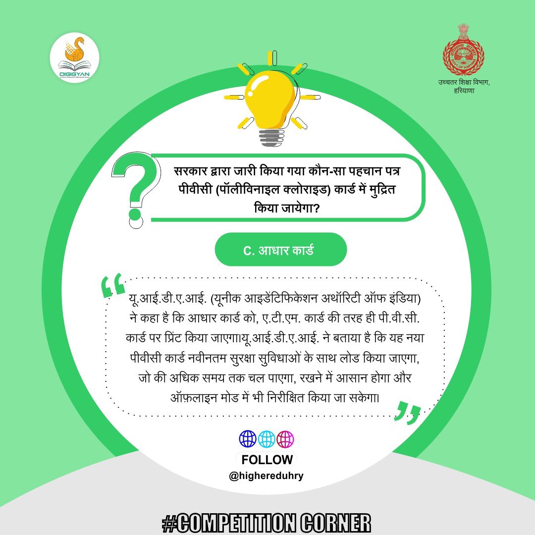 highereduHRY's tweet photo. #CompetitionCorner
Answer to the previous question: Aadhaar card 

पिछले प्रश्न का जवाब: आधार कार्ड https://t.co/fKWHJKb0at