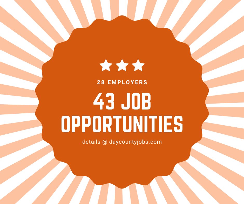 DayCountyJobs's tweet photo. A Day County Jobs eAlert will be hitting email inboxes this week...are you signed up? https://t.co/JXE6s2nRER

#daycountyjobs  #southdakotaworks  
#hifromsd  #WowWebster  #SparkDayCounty https://t.co/Me5sNiZhDN