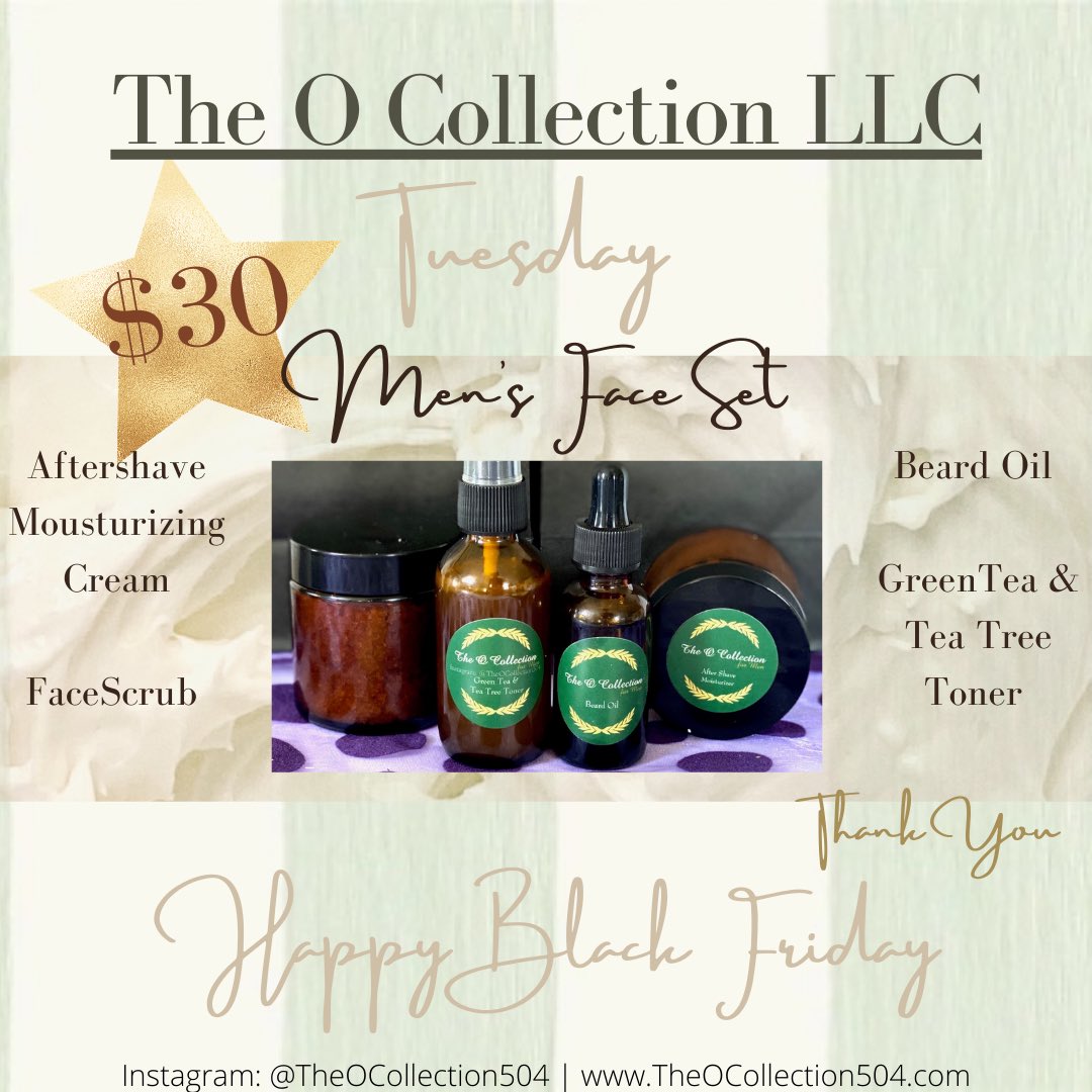 erixaolivia's tweet photo. ✨ BLACK FRIDAY WEEK SALES 🤍 

Tuesday 

Mens Face Set:
• Aftershave Moisturizer 
• Green Tea &amp; Tea Tree Toner
• Face Scrub 
• Beard Oil

#AvailableNow #ShopNow #ShopBlack 
https://t.co/cZl3h4ynDT https://t.co/E5pfVtPssI