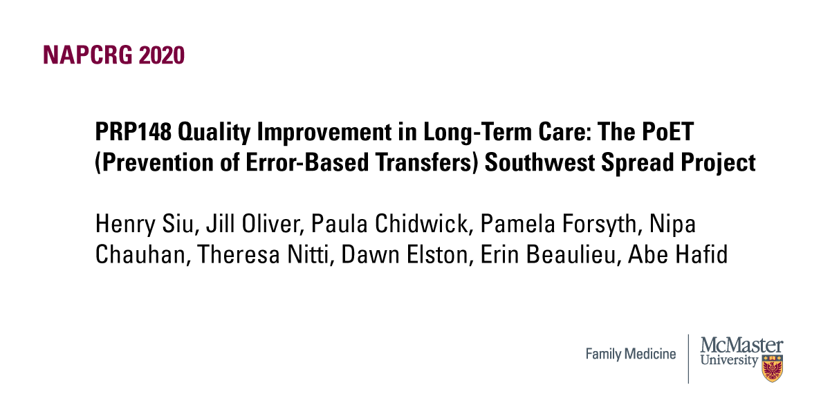 McMasterFamMed's tweet photo. The PoET Project is an innovative program addressing errors related to consent and decision making in LTC. Learn about implementation and COVID-19 adaptions at poster PRP148 #NAPCRG2020 #McMasterNAPCRG @NAPCRG @hsiu2011 @PoETinLTC https://t.co/4b9z9pUBGs
