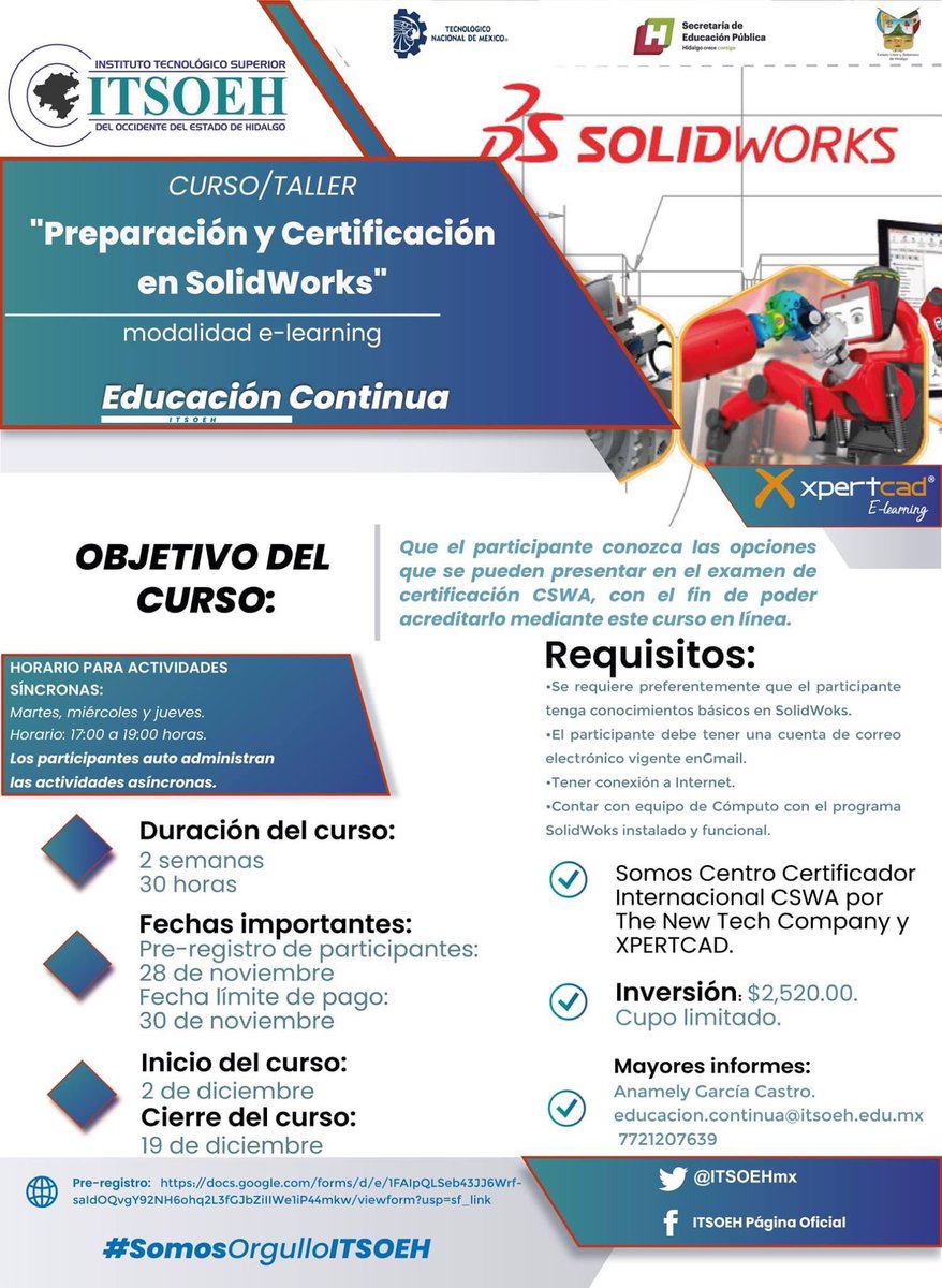 ITSOEHmx's tweet photo. Inscríbete al curso-taller "Preparación y Certificación #SolidWoks CSWA" en modo e-learning, fundamentado en los lineamientos del modelo de educación a distancia del #TecNM.
✅Pre-registro de aspirantes:
https://t.co/oORtyQrQ9A

#SomosOrgulloITSOEH #EducaciónContinua https://t.co/OAeBe5AcqX