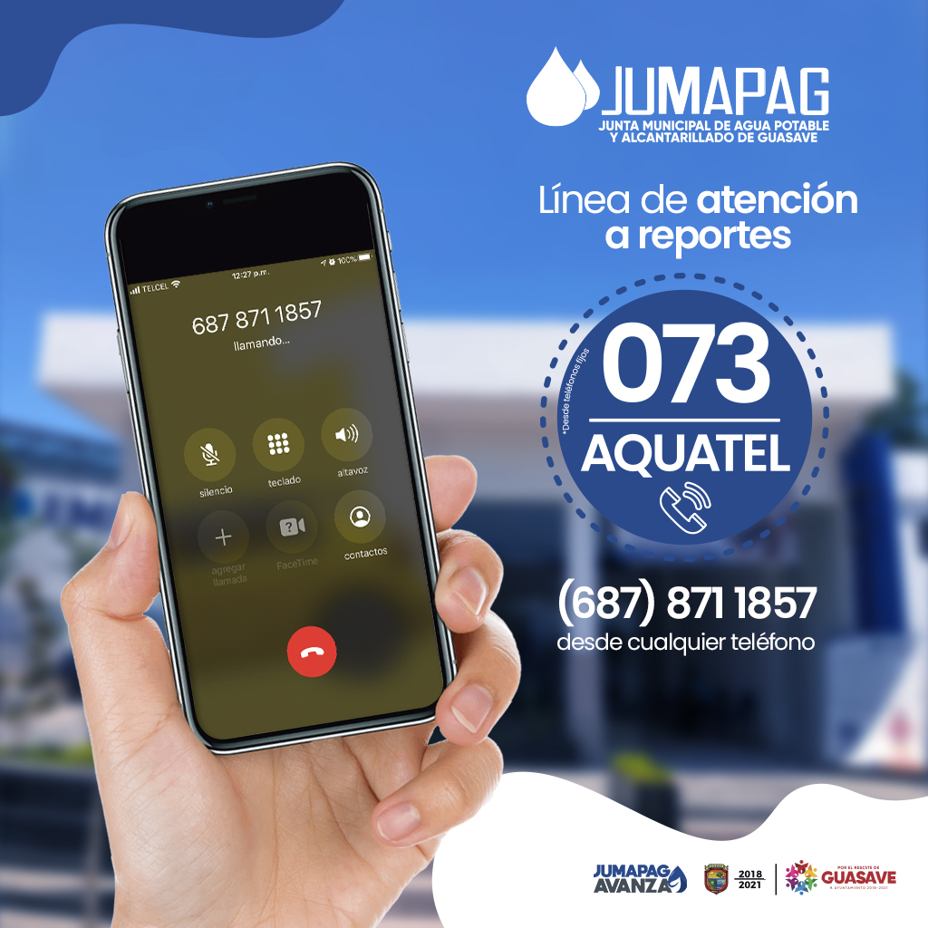jumapag's tweet photo. #AquaTel📞
Ponemos a tu disposición nuestra línea de atención a reportes.
Marca 073 desde teléfono fijo ☎️y 871 1857 desde cualquier teléfono. 📱
#Jumapag #PorElRescateDeGuasave https://t.co/Hkrobu93bP