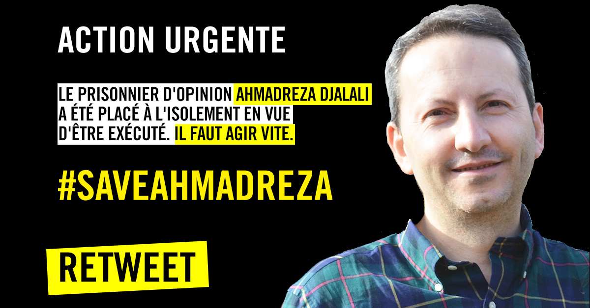 amnestybe's tweet photo. [URGENT]
En #Iran le professeur invité à la @VUBrussel #AhmadrezaDjalali vient d'être placé à l'isolement en vue d'une exécution imminente.

Avec nous, appelez @khamenei_ir et @JZarif à arrêter tout leur plan de mise à mort de ce prisonnier d'opinion !

#StopExecution https://t.co/9fVfuc9XVs