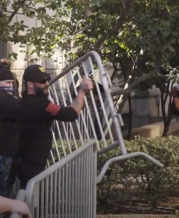 Despite their claims of respect for "Law and order" and Police authority, Proud Boys dismantled police barricades in order to cross the police cordon on 11/21. On 11/14, they crossed police lines to beat and bear mace protesters that police had separated from the pro-trump event.