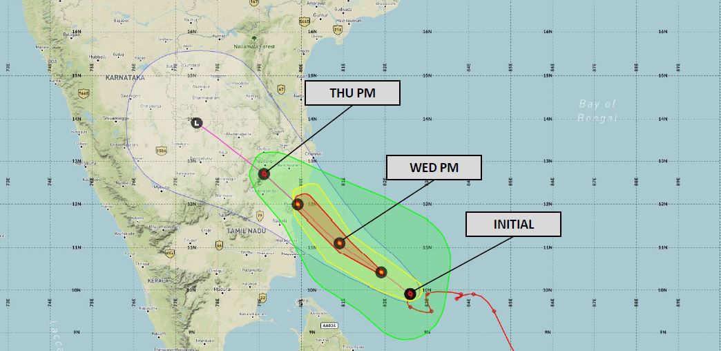 DTNWeather's tweet photo. Tropical Cyclone Nivar will continue to intensify as it tracks to the northwest. Damaging winds are forecast near landfall with torrential rains to the north of the system. #ThinkWeather
https://t.co/n3PMDRNbgK https://t.co/VSCXEDFFV8
