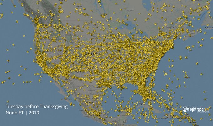 North America, focused on the United States at Noon eastern time on the Tuesday before Thanksgiving, 2019