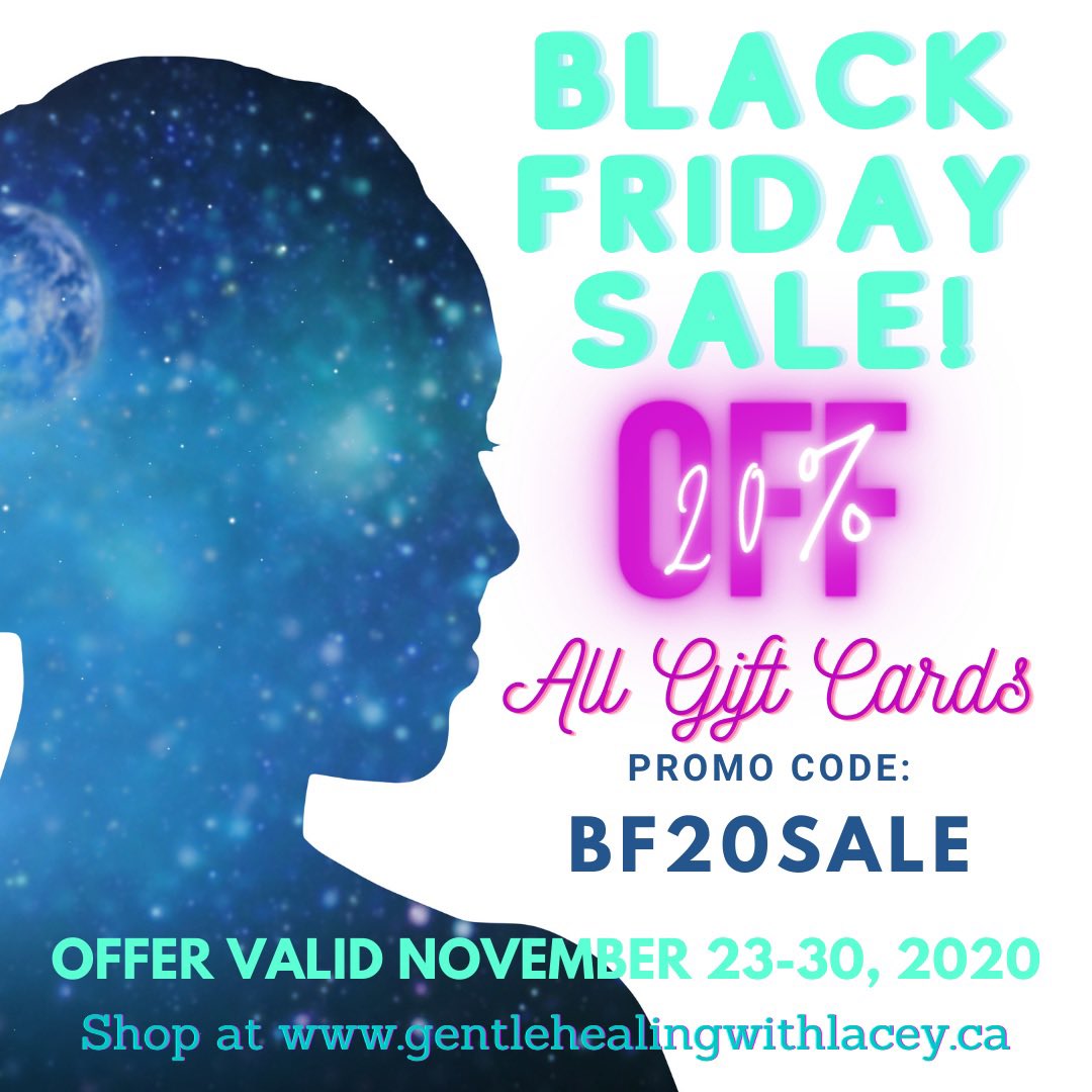 HealGentleLacey's tweet photo. Treat Yourself or Get a Jump on Your Holiday Shopping!! 

📢 BLACK FRIDAY SALE!!! 📢

Until November 30, 2020 you get 20% OFF ALL Gift Cards 😲🤩 

PROMO CODE: BF20SALE 

Buy one now: https://t.co/KMgtpGWLhT 

*Gift Cards are valid for Gentle Healing With Lacey services only* https://t.co/vi0dLcWZL8