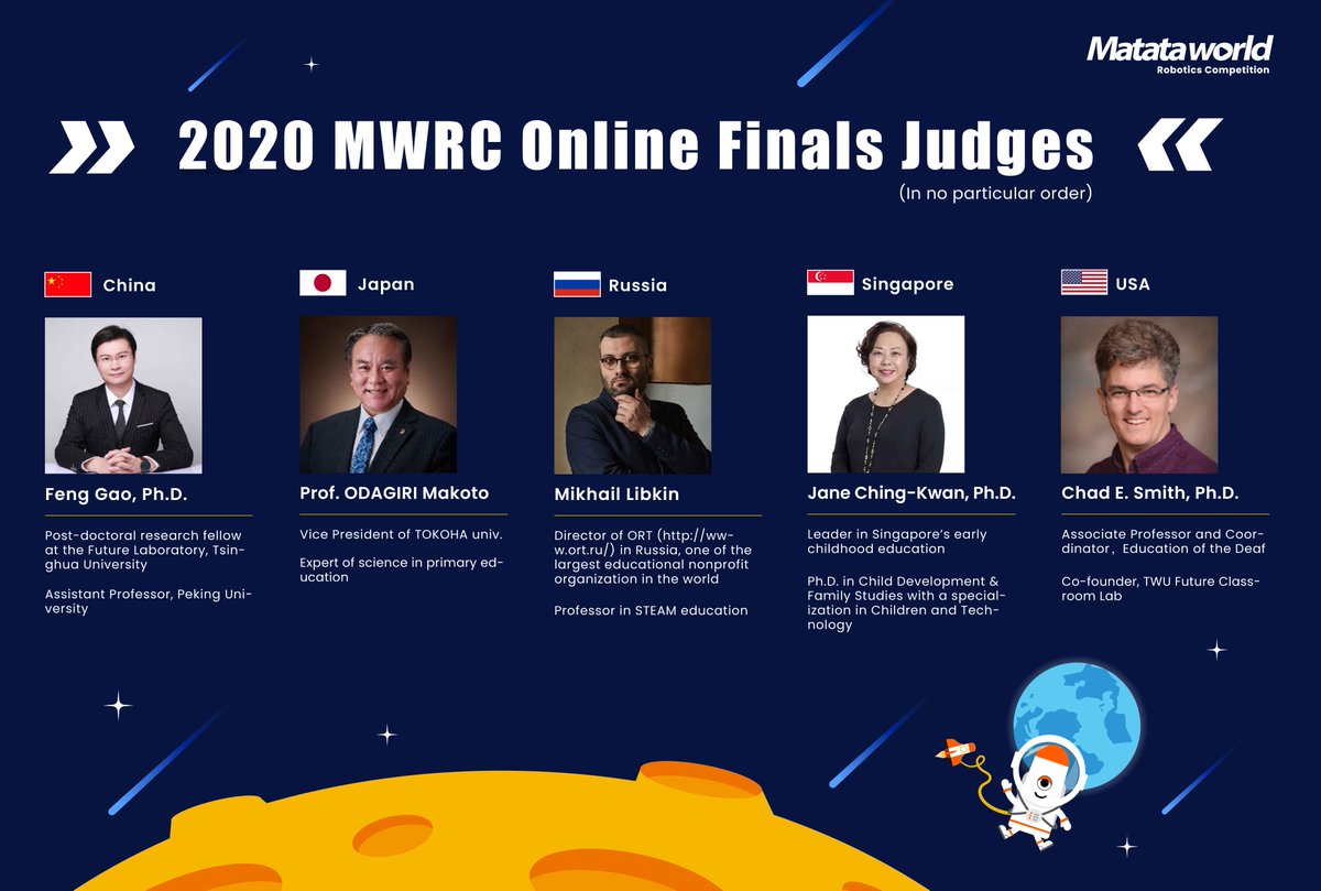 MatataStudioEDU's tweet photo. Check out our judges for #MWRC - MatataWorld Robotics Competition!
Our judges are all expertise in the education industry. The competition will be more fantastic and inspirational with their support. 
#MWRC #Matatalab #Robotics #ideallab #thebestinvention #STEM #STEMEducation https://t.co/oqcxQgGuty