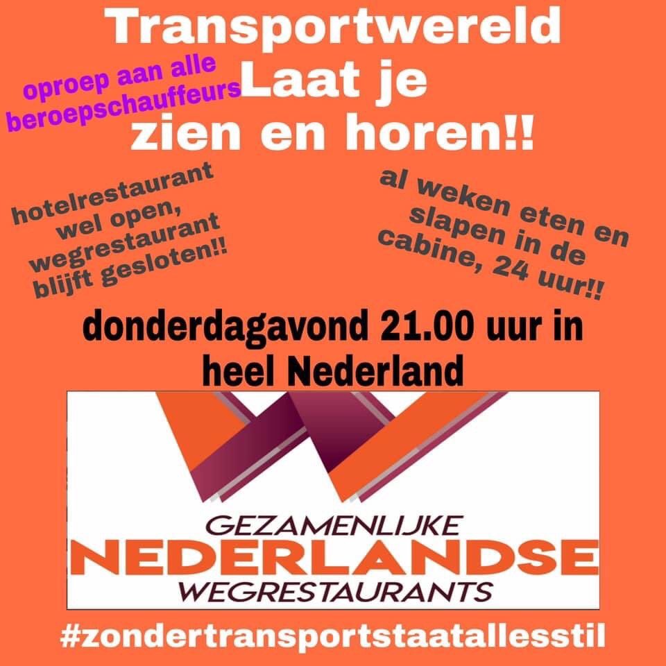 Amswoud's tweet photo. Beroepschauffeurs laat je zien en horen! 
A.s. Donderdag in heel Nederland bij alle wegrestaurants!
Strand je langs de snelweg? Ook dan vragen we je vriendelijk mee te claxonneren en lichten knipperen voor de transportsector! #zondertransportstaatallesstil https://t.co/gXgFqL03O4