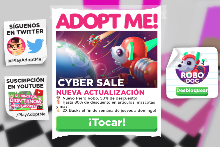 Noticias Adopt Me - En Español ❄️☃️ on X: Actualización de Adopt Me 24 De  Noviembre - 2020 - Cambio de Inicio de Pantalla - Nuevo Perro Robot - 80%  en Artículos