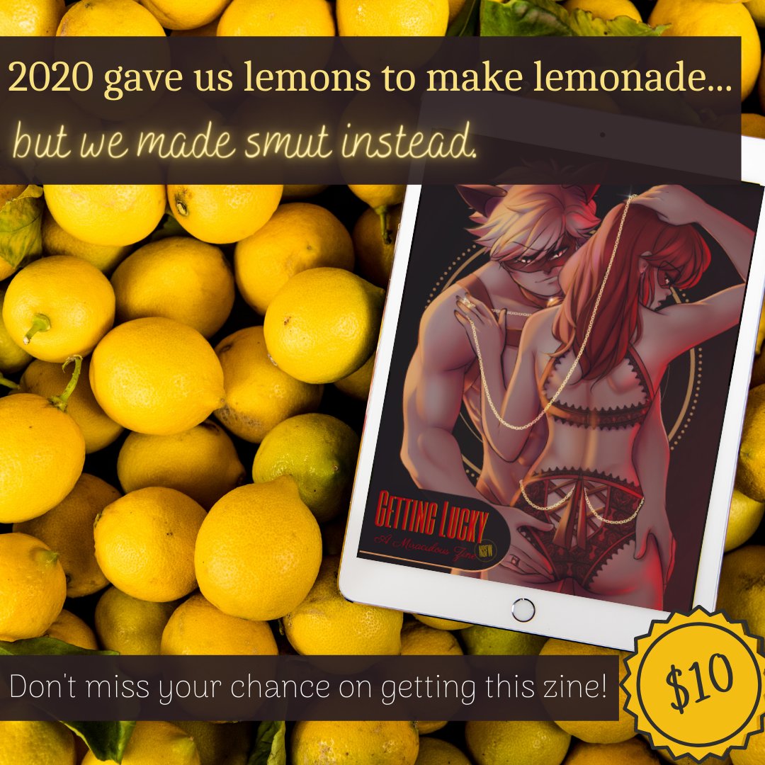 mlgettinglucky's tweet photo. 2020 gave us lemons to make lemonade, but we made smut instead...

Don't forget to donate to our charity of choice (or yours!) and we'll send you a copy of our sintastic zine for your viewing pleasure.

As always, thank you to @MegsSin for the beautiful cover design!

#miraculust https://t.co/AAV7kHqz0p