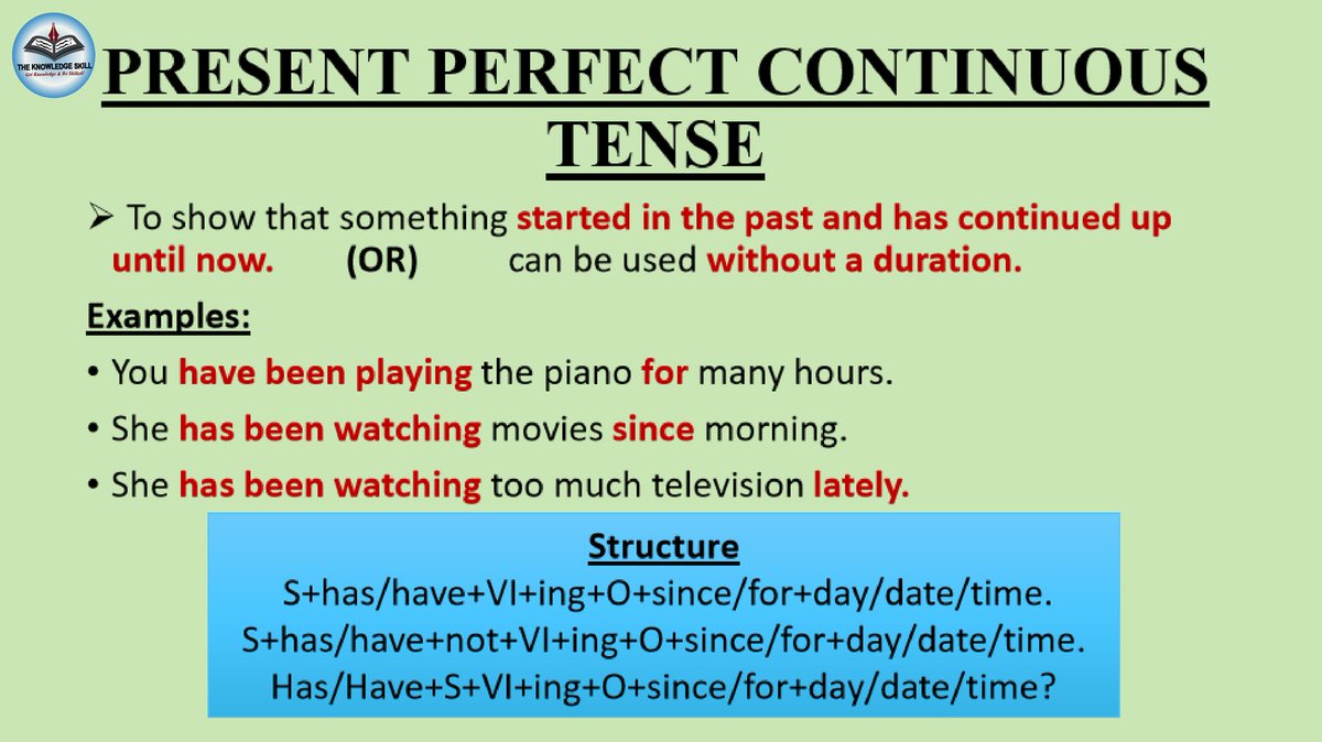 TheKnowledgeSk1's tweet photo. Present Perfect Continuous Tense
#english #englishlanguage #LearnEnglish #learningenglish #language #languagestudy #languageskills #education #study #englishteacher #englishonline #improvingEnglish #improveenglishlanguage #Tenses #presenttense #PresentPerfectContinuousTense https://t.co/1oLfQlcLmF