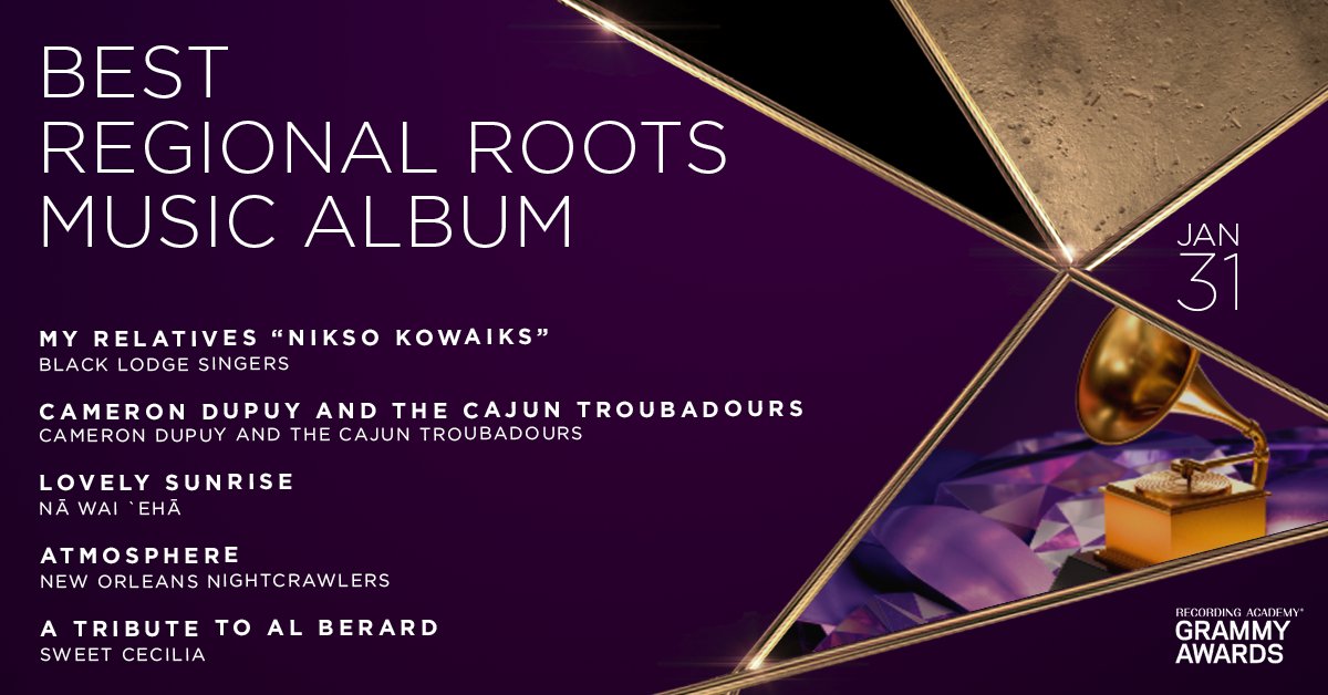 RecordingAcad's tweet photo. Congratulations 63rd  Best Regional Roots Music Album nominees: Black Lodge Singers, @cajuntroubadour, Nā Wai ʽEhā, New Orleans Nightcrawlers, and @SweetCecilia1: https://t.co/teAbOeBzZ9 https://t.co/gKa9hNVoAf