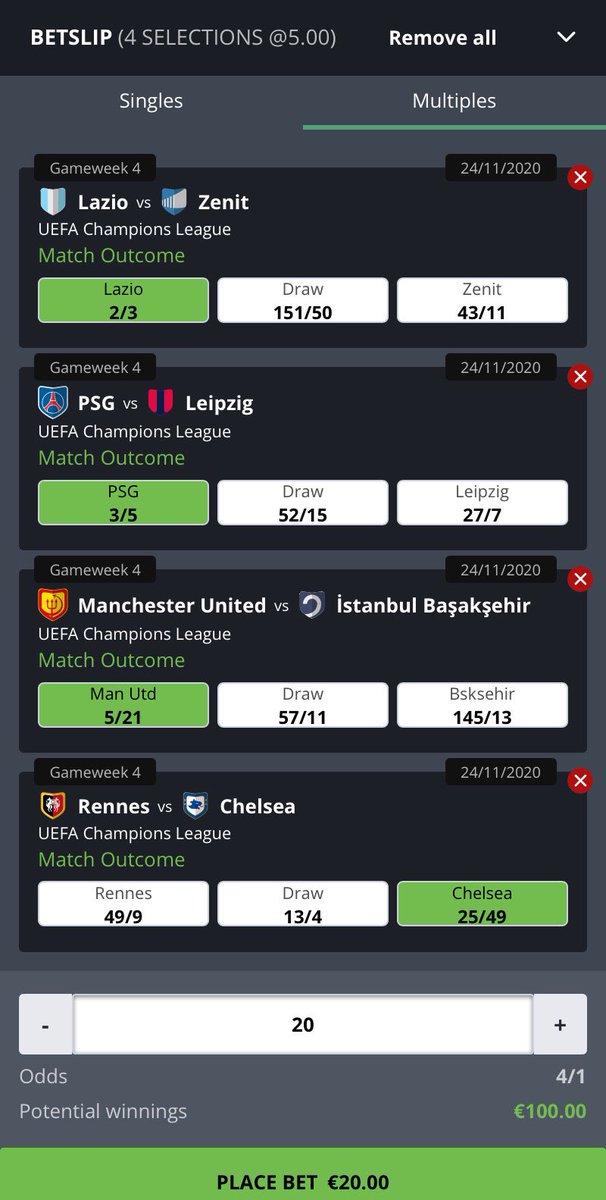 FTSportsbook's tweet photo. A €20 bet at 4/1 on Lazio, PSG, Manchester United, and Chelsea all to win in tonight’s #ChampionsLeague will payout €100!

New users take can take advantage of a €20 RISK FREE first bet as a new customer.

ODDS 👉 https://t.co/Clc7Vcvxrj

NEW USERS 👉 https://t.co/bzsC4mTNaw https://t.co/2dvrRJWlR4