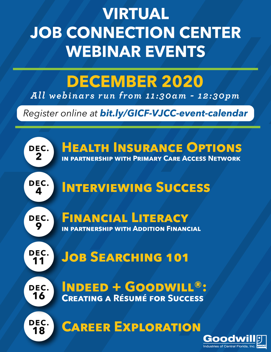 goodwillcfl's tweet photo. Our mission to serve and support those who need it most continues with our dedicated Virtual Job Connection Center team. Check out December's calendar of webinar events at https://t.co/zv6CM76TAW. #buildinglivesthatwork #buildingbrighterfutures https://t.co/roDOXCTFD7