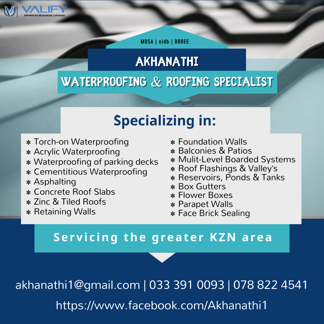 valifyza's tweet photo. Akhanathi Waterproofing & Roofing Specialist KZN - Valify Approved Business. Waterproofing, Damproofing and Roofing, 0333910093 #valify #valifyapproved #businesslisting #supportlocal #smallbusiness #proudlysouthafrican #marketing #success #OnlineMarketing https://t.co/yAHGzoHqJf